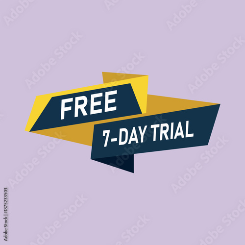 Bright yellow and dark blue free seven day trial banner against a lavender background