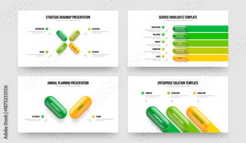 Product Showcase Four Five Two Three Step Infographic Slide Design Vector Illustration Bundle. Company Portfolio 4 5 2 3 Element Diagram Presentation Template Set.