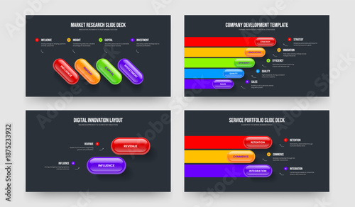 Creative Growth 4 5 2 3 Option Infographic Slide Template Bundle. Product Strategy Four Five Two Three Step Diagram Frame Design Vector Illustration Set.