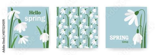 Set of square templates with snowdrops and text. Hello Spring designs for social media, posts, brochures, flyers and posters. Vector graphics