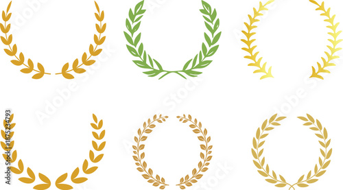 Laurel Wreath Icon set. A hand-drawn collection of laurel wreaths and branches, including laurel wreaths. Featuring elements of herbs, flowers, and plants, these wreaths symbolize awards, achievement.