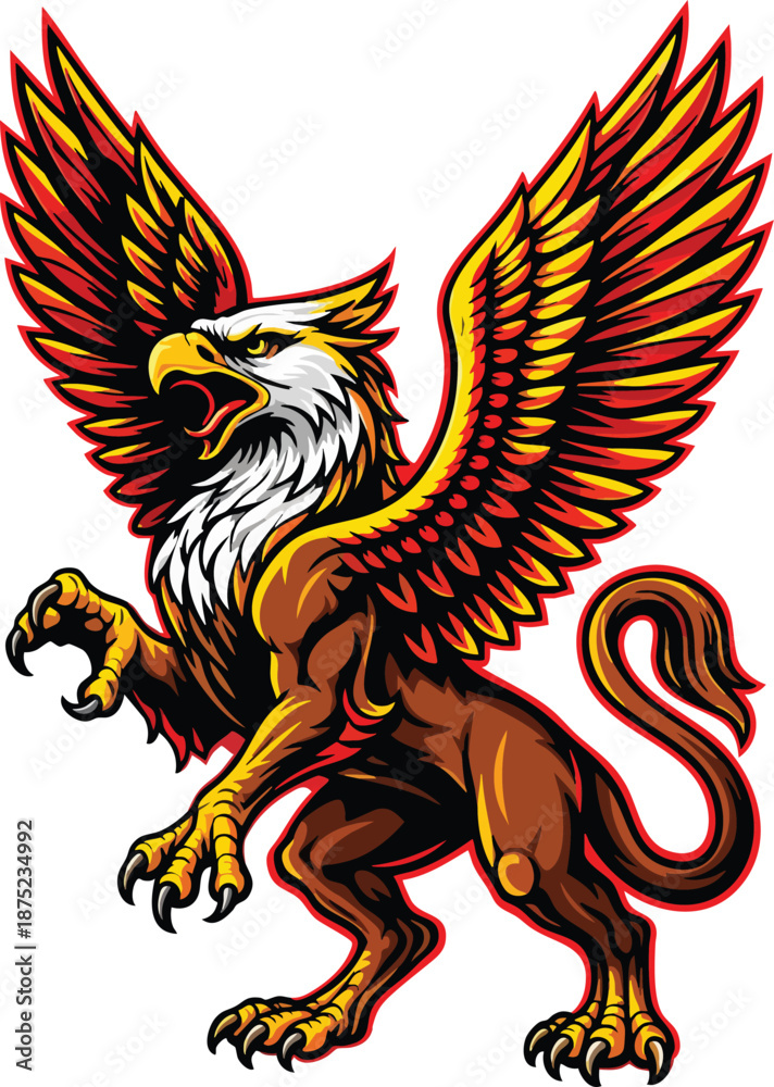 Obraz premium Fierce Griffin with Eagle Wings Mythical Creature Vector Illustration Isolated on White Background