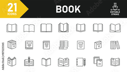 Book line icon set. Set of 21 outline icons related to library, book, reading, dictionary, education, learning, open book and others. Editable stroke. Vector illustration.