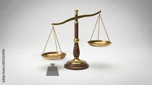 An elegant wooden and golden scale is tipped to one side, casting a pronounced shadow. One side is clearly heavier, suggesting an imbalance in the scale.
