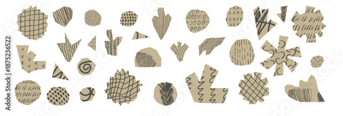 Abstract paper cutouts with crayon texture. Geometric collage shapes in rough doodle. Handcrafted elements inspired by Matisse's organic art and modern paper craft design, Vector abstract elements.