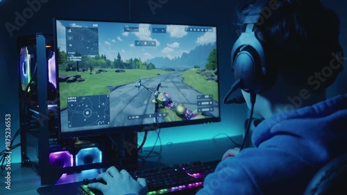 Young streamer gamer playing strategy game - Boy having fun gaming and streaming online - New technology game trends and entertainment concept - Model by AI generative