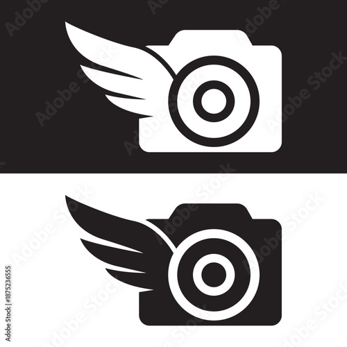 Camera with wing icon for aerial photography, drone services, and travel media