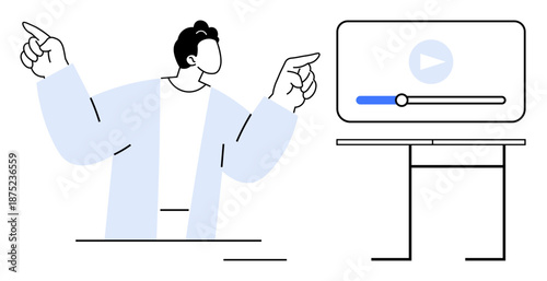 E-learning, online tutorials, digital presentations, media streaming, content creation, technology education. Man pointing at a video screen. E-learning and online tutorials visual concept