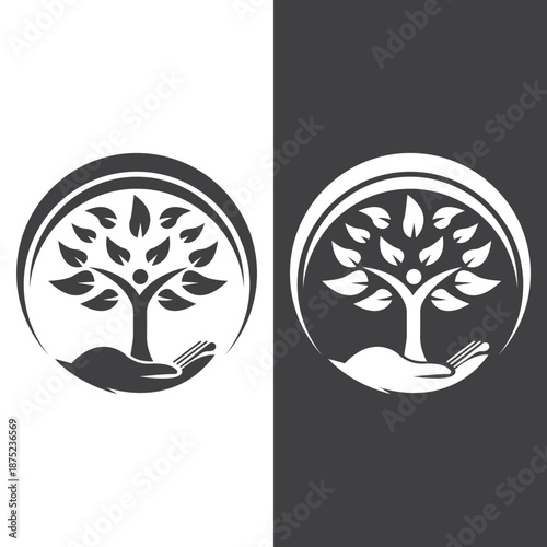Caring hands holding a growing tree icon for nature conservation and ecology