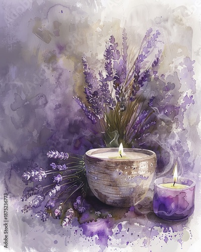 Watercolor painting of lavender bouquet with lit candles in a serene, purple-toned setting