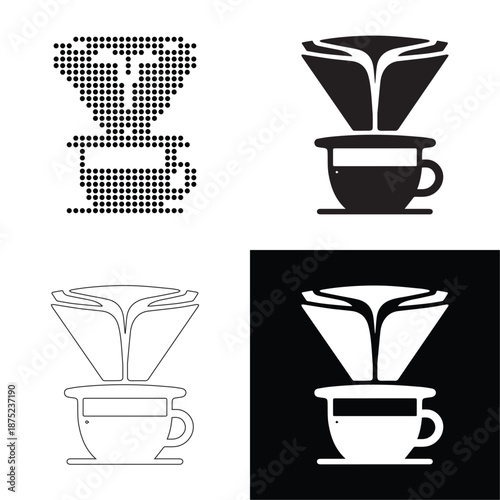 Stylized pour over coffee maker brewing a cup of hot beverage.