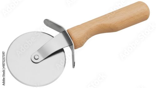 Pizza cutter with wooden handle isolated PNG on transparent background, kitchen utensil for slicing pizza and pastry dough