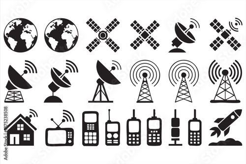 Space communication symbol pack with orbit satellites, antenna dishes, signal towers