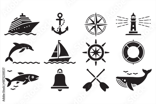 Marine transport icons for logistics dashboards, shipping infographics
