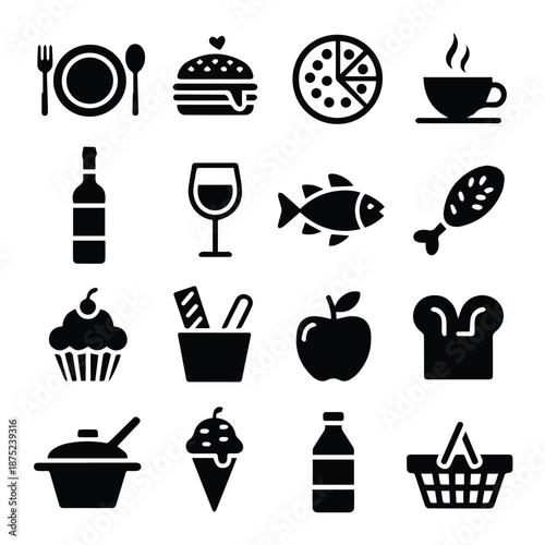 A set of flat black food and drink icons on a white background