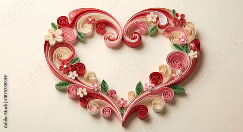 Handcrafted quilling heart, intricately designed with delicate paper swirls and floral accents in romantic red, pink, and cream tones, representing love and artistic beauty