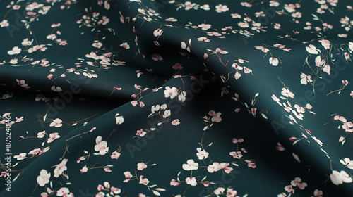 Close-Up of Vintage Fabric with Pink Floral Pattern on Dark Green Background and Soft Folds