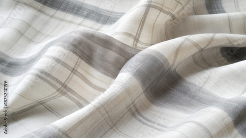 Close-Up of Soft Cotton Fabric with Gray and Beige Plaid Check Pattern Texture