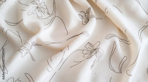 Elegant Minimal Floral Line Art Pattern on Soft Cream Fabric with Gentle Folds and Light Texture