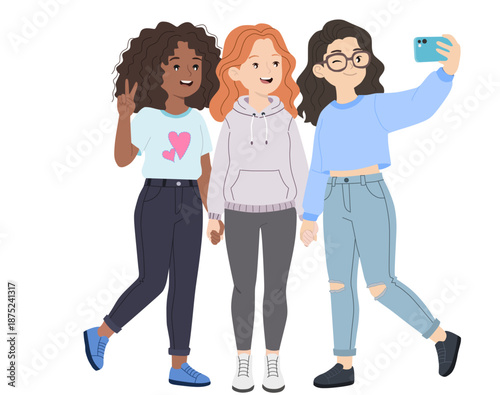 Three Best Friends Taking a Selfie in Casual Wear Illustration