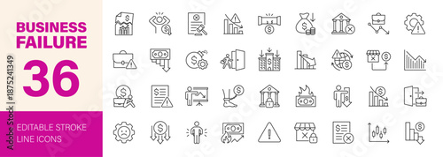 Business failure icon set. Editable line icons. Vector illustration.
