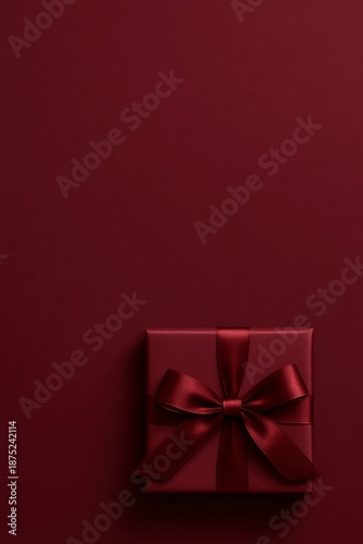 Elegant Burgundy Background with Gift Box and Top Copy Space. Suitable for Valentines Day and year-round romantic use.