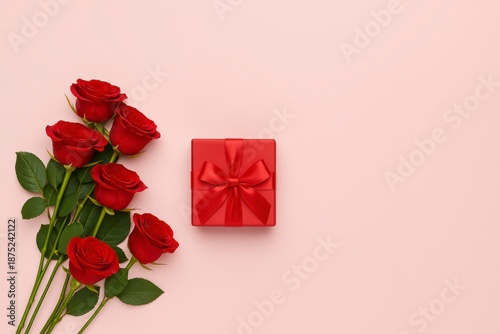 Valentine Flat Lay with Red Rose Bouquet and Gift Box on Pink Background. Suitable for Valentines Day and year-round romantic use.