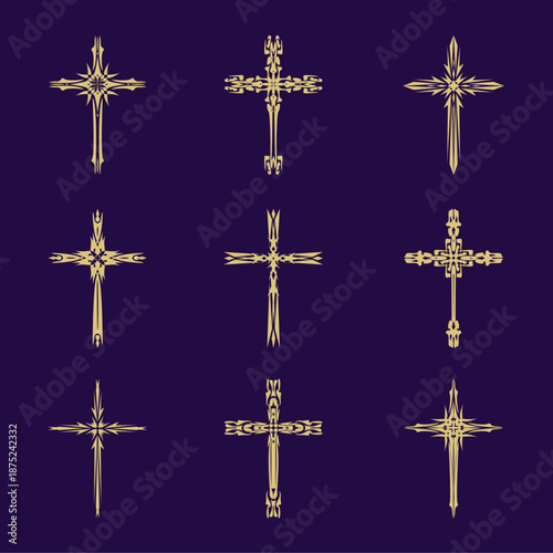 Christian cross vector icon symbols.  Abstract christian religious belief or faith art illustration for orthodox or catholic design. The symbol of the cross in various designs used in tattoo.