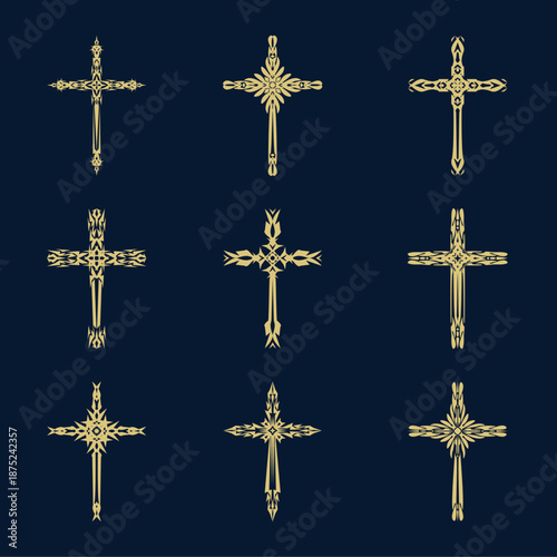 Christian cross vector icon symbols.  Abstract christian religious belief or faith art illustration for orthodox or catholic design. The symbol of the cross in various designs used in tattoo.