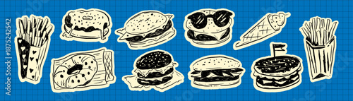 Hand Drawn Fast Food Doodle Sticker Set with Burgers Fries Ice Cream and Snacks in Paper Collage Retro Sketch Style