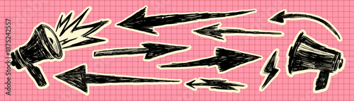 Hand Drawn Doodle Arrow Elements Set with Sketchy Direction Shapes and Megaphone Icons in Groovy Retro Collage Style
