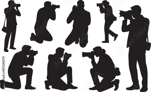 Photographer Silhouettes Set Black Vector Collection Men Women Camera Poses Icons