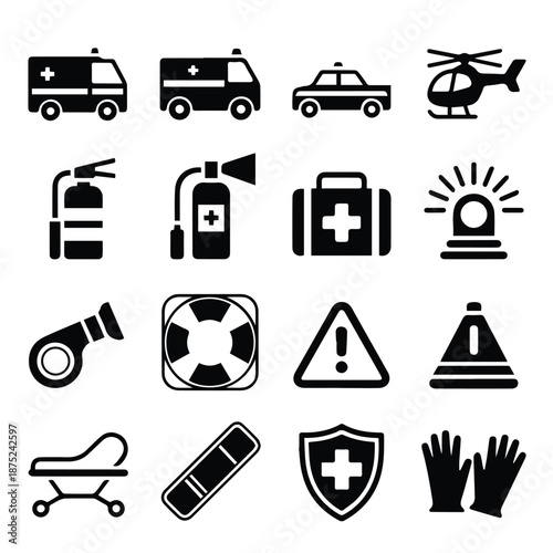 A set of black and white medical and emergency service icons