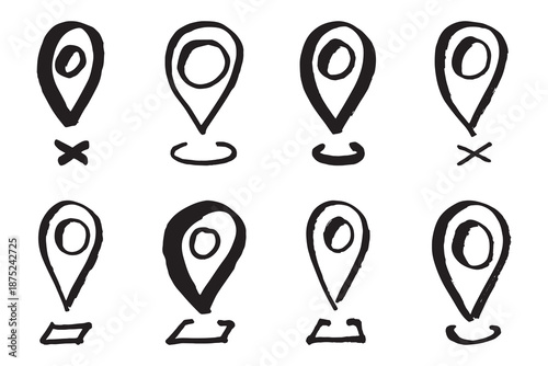 Set of hand drawn map pin Map marker pointer sign GPS and mapping tools Location pin symbol Pinpoint clipart in doodle style Single element for web, design
