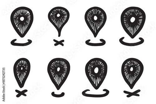 Set of hand drawn map pin Map marker pointer sign GPS and mapping tools Location pin symbol Pinpoint clipart in doodle style Single element for web, design