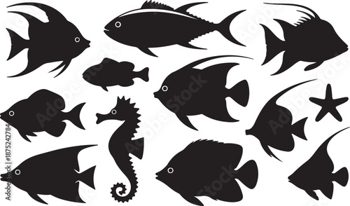 Fish Silhouettes Set Black Vector Collection Marine Sea Animal Icons Pack