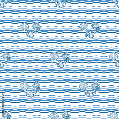 Nautical seamless pattern with groups of engraved seashells on gray background