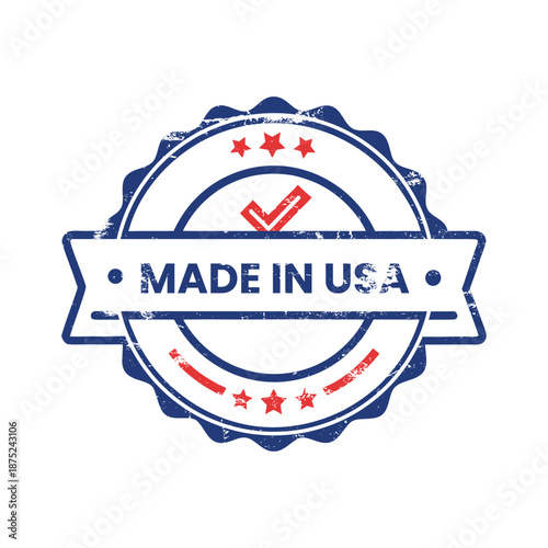 Made in USA vintage grunge stamp vector. American manufacturing badge with ribbon, stars and check mark. Red, white and blue patriotic seal