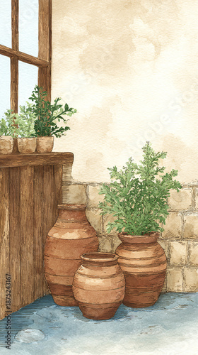 Beautiful Indoor Plants and Rustic Pottery: A Cozy and Aesthetic Watercolor Still Life Composition Perfect for Home Decor Inspiration and Natural Ambiance