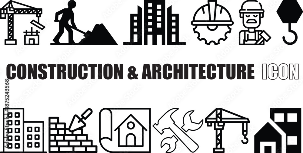 Naklejka premium Construction & Architecture Icon Set – Building, Blueprint, Tools, Crane
