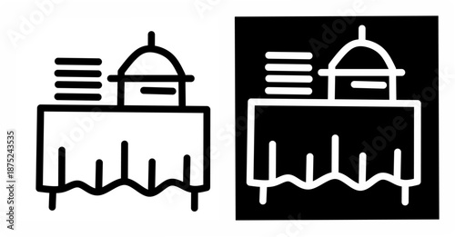 Minimalist black and white icon of buffet table with food cloche and stacked plates, perfect for catering, restaurant and hotel services.