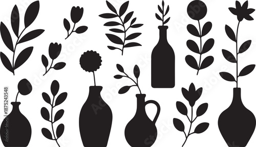 Boho Floral Silhouettes Set Black Vector Collection Folk Art Botanical Icons Pack