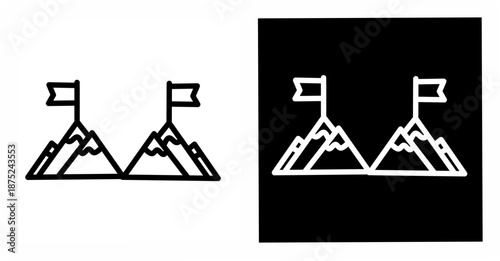 Minimalist black and white icon of twin mountain peaks with flags on top, symbolizing achievement, adventure, success and exploration.