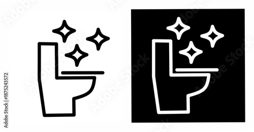Clean toilet icon with sparkling shine in bold black and white outline style, perfect for hygiene, bathroom cleaning services, sanitation, and home care design.