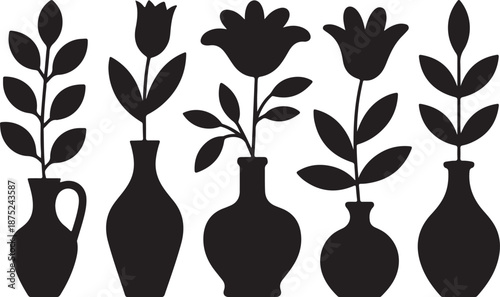 Boho Floral Silhouettes Set Black Vector Collection Folk Art Botanical Icons Pack