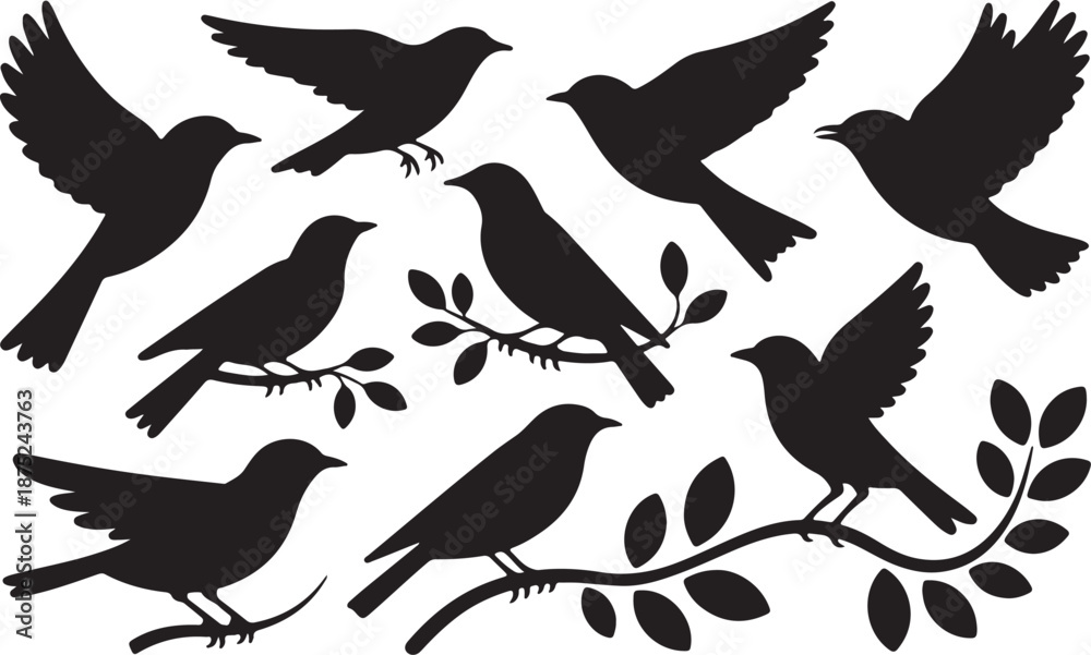 Fototapeta premium Bird Silhouettes Set Black Vector Collection Flying Perching Birds Nature Icons Pack