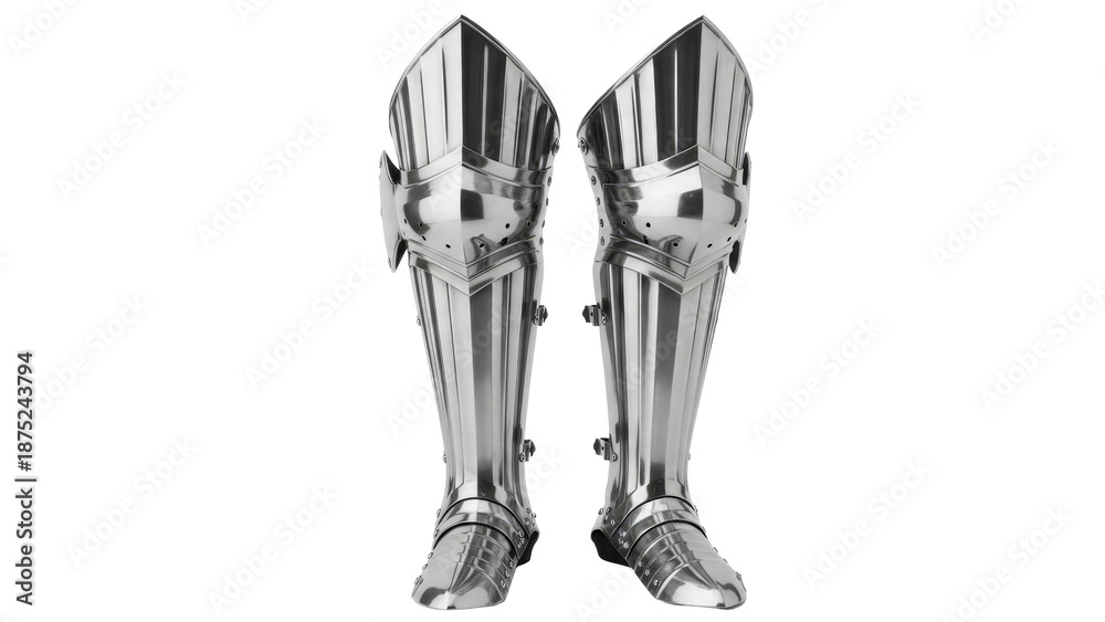 Obraz premium Pair of medieval silver shin guards with intricate details isolated on transparent background