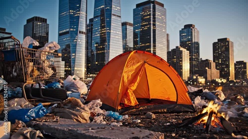 Vibrant Orange Tent in Makeshift Campsite Amidst Urban Litter and Modern City Skyline, Highlighting Environmental Challenges and Urban Encroachment video