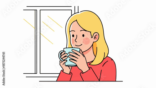 A blonde woman drinks from a mug near a window with sunlight