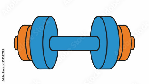 A blue and orange dumbbell with thick black outlines, presented against a white background